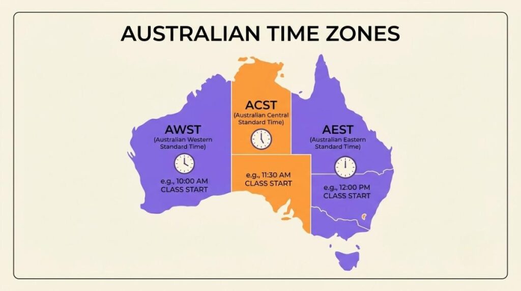 Infographic showing Australian time zones with sample online Quran class times
