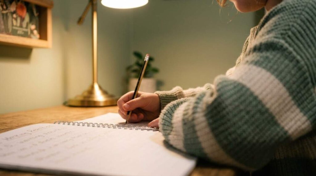 Child sitting at a home desk attending an evening online Quran class