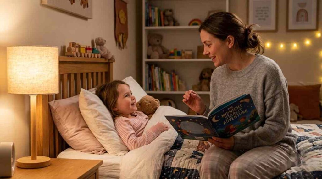 Young child listening to a bedtime seerah story from a parent