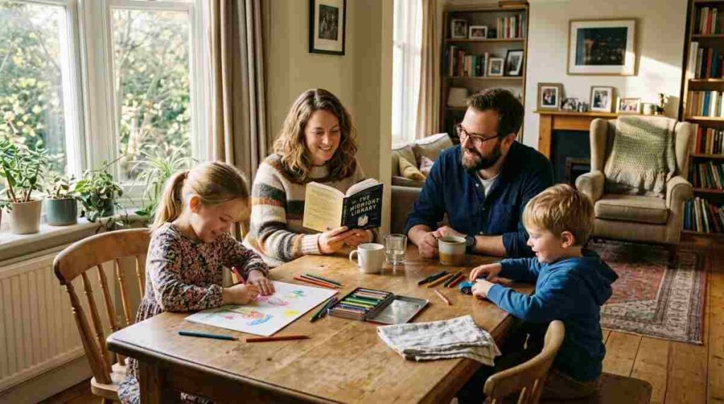 Family drawing and reading together at home to mark Mawlid al-Nabi
