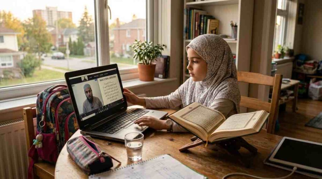 Child attending an online Quran class from home in India