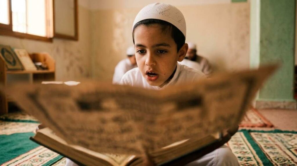 Student practicing Arabic letter articulation points (makharij al huroof) during Quran class