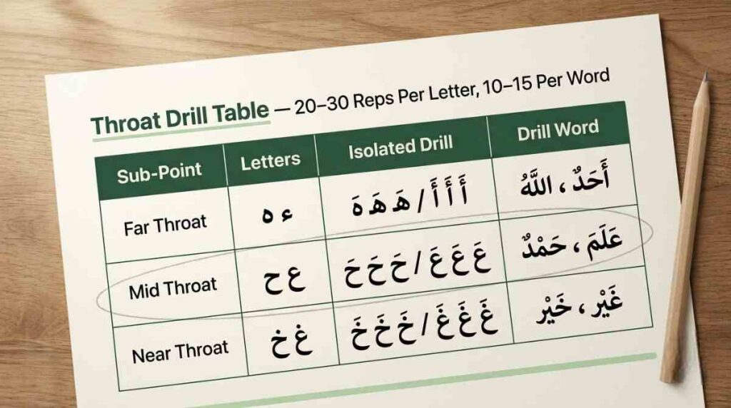 Printable makharij al huroof practice worksheet with drill table and pencil