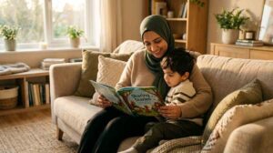 Muslim parent telling child the seerah story of Prophet Muhammad ﷺ for Mawlid al-Nabi