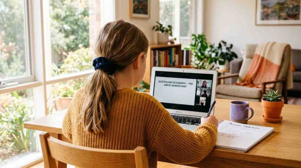 Child attending an online Quran class on a laptop in a sunlit Australian home