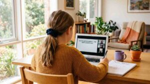 Child attending an online Quran class on a laptop in a sunlit Australian home
