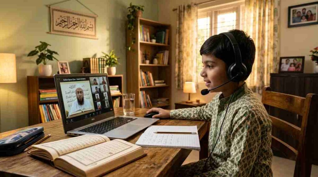 Indian Muslim child attending an online Quran class on a laptop at home