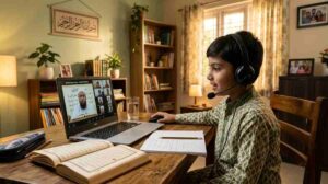 Indian Muslim child attending an online Quran class on a laptop at home