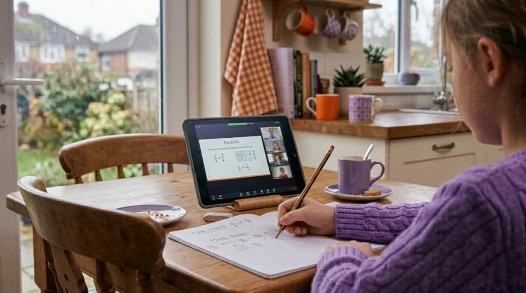Child attending an online Quran class on a tablet at a kitchen table after school