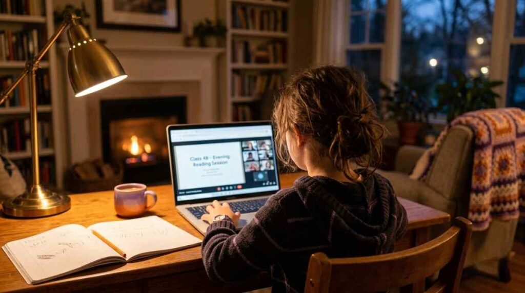 Child attending an online Quran class on a laptop at a home desk in the evening