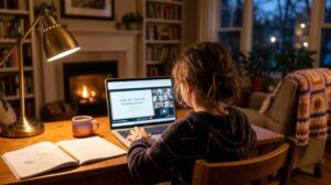 Child attending an online Quran class on a laptop at a home desk in the evening