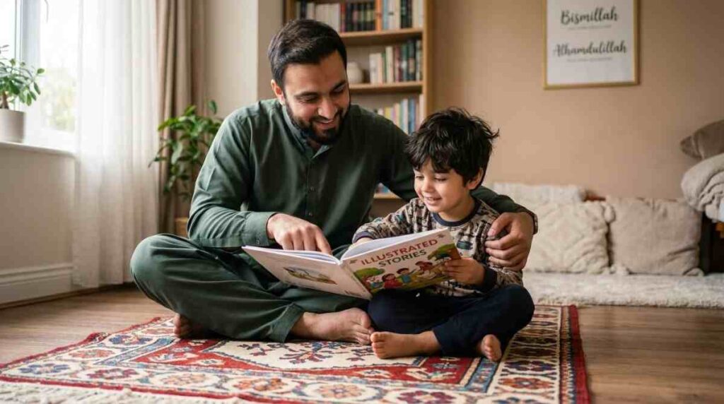 Parent and child looking at a picture book about the Prophet's ﷺ life together