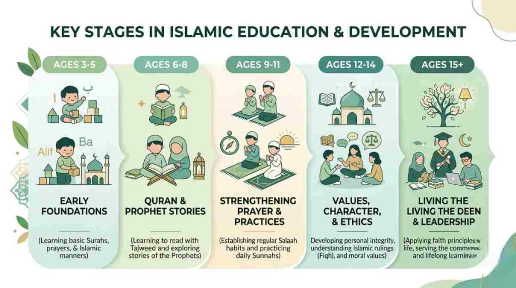 Infographic showing seerah learning milestones by age from 3 to 15+ years