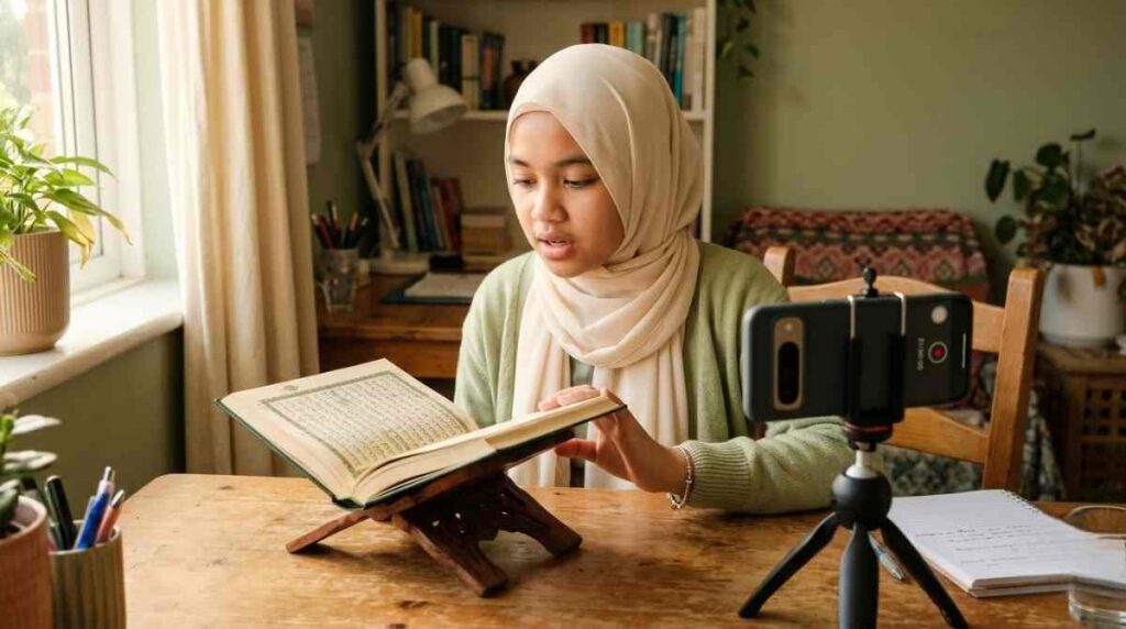 Student drilling makharij al huroof pronunciation exercises at home