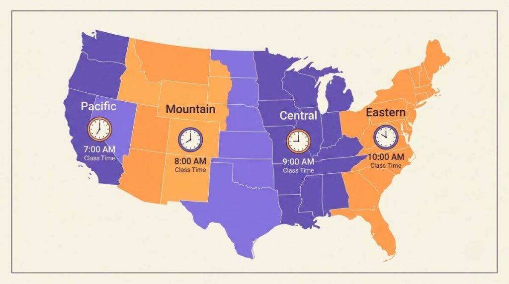 Infographic showing US time zones with sample online Quran class times