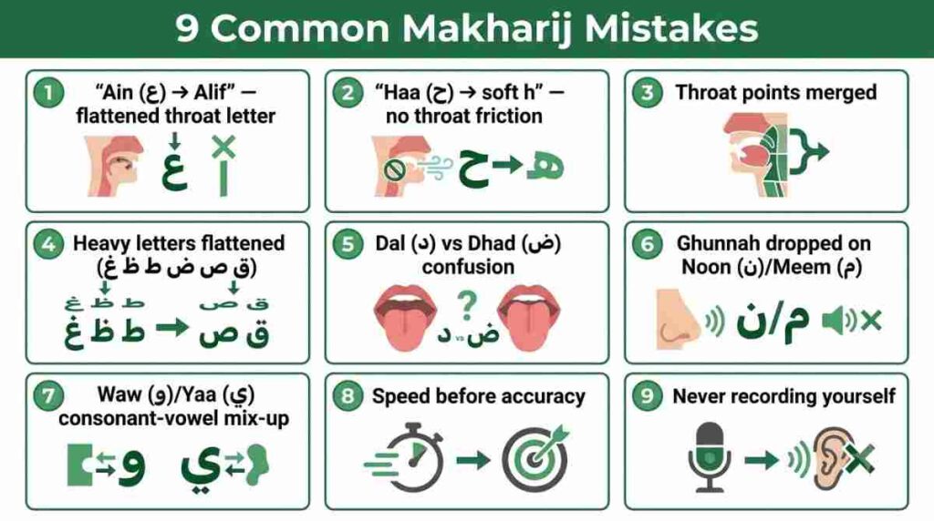 9 common makharij mistakes beginners make — summary infographic