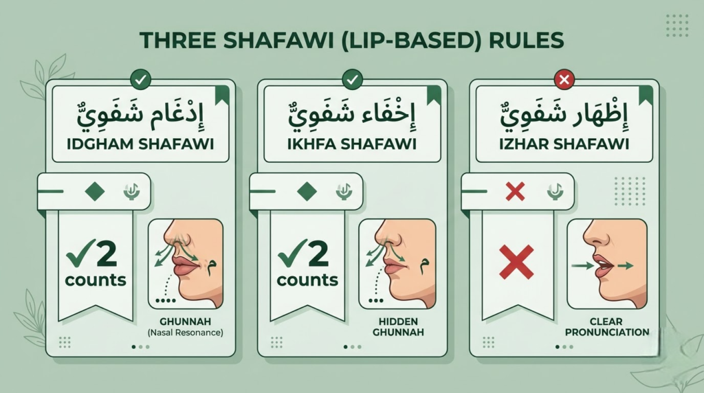 Ghunnah in Tajweed inside Meem Sakinah rules — Shafawi rules and 2-count ghunnah