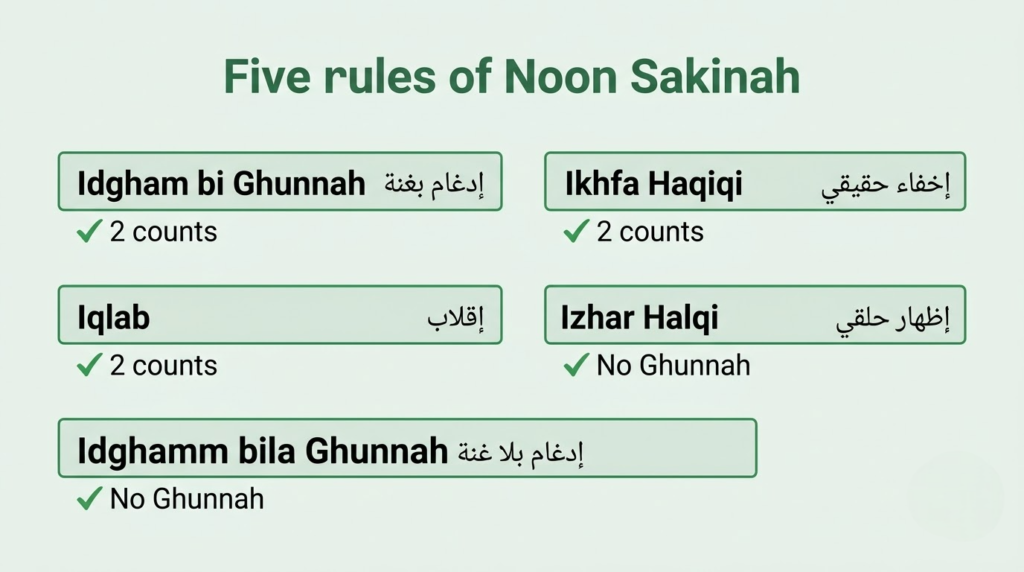 Ghunnah in Tajweed inside Noon Sakinah rules — which rules carry 2-count ghunnah