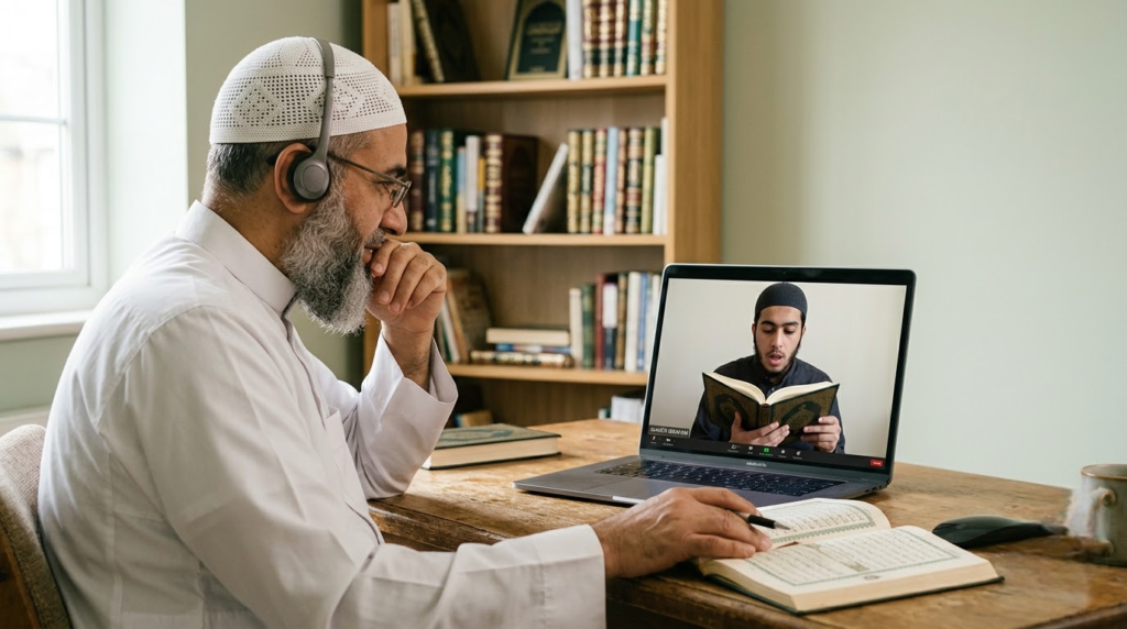 Student reciting Quran to a teacher during an online ijazah certification session