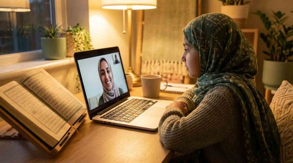 Hyderabadi child attending an online Quran class at home with a Mushaf