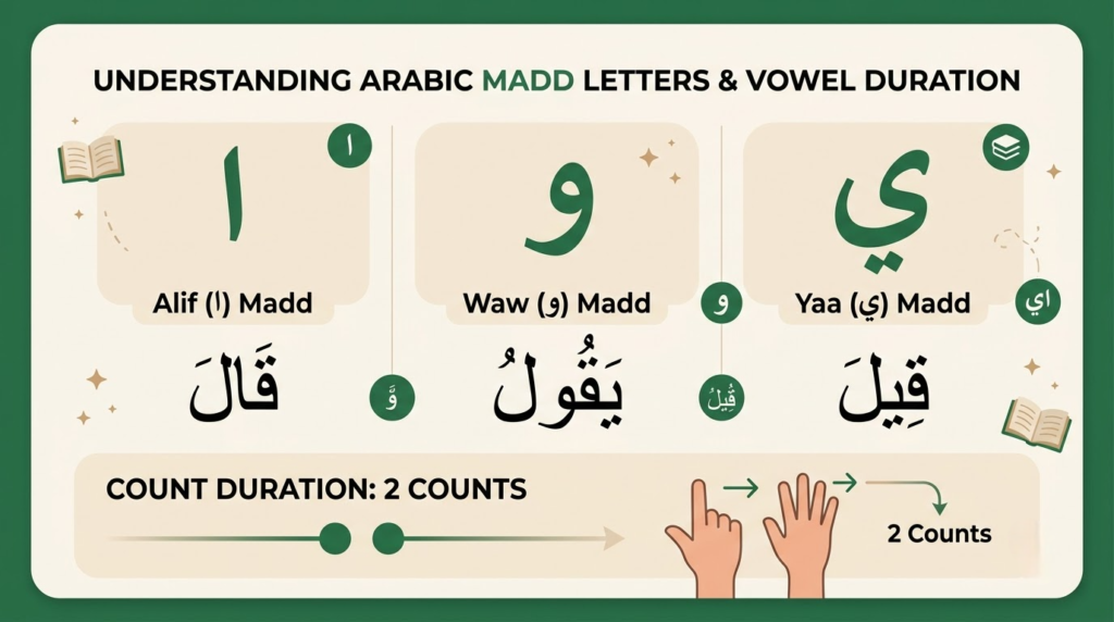 The three Madd letters in Tajweed — Alif, Waw, and Yaa with harakah counting