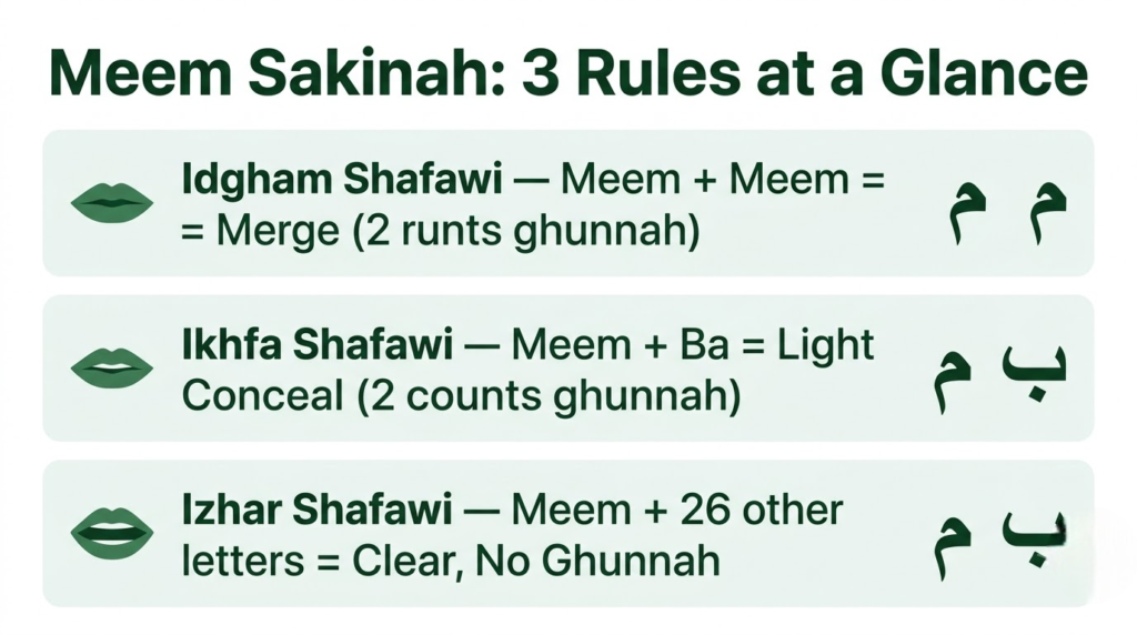 Infographic showing the three Meem Sakinah rules in Tajweed — Idgham Shafawi, Ikhfa Shafawi, Izhar Shafawi