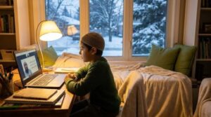 Canadian Muslim child attending an online Quran class on a laptop at home