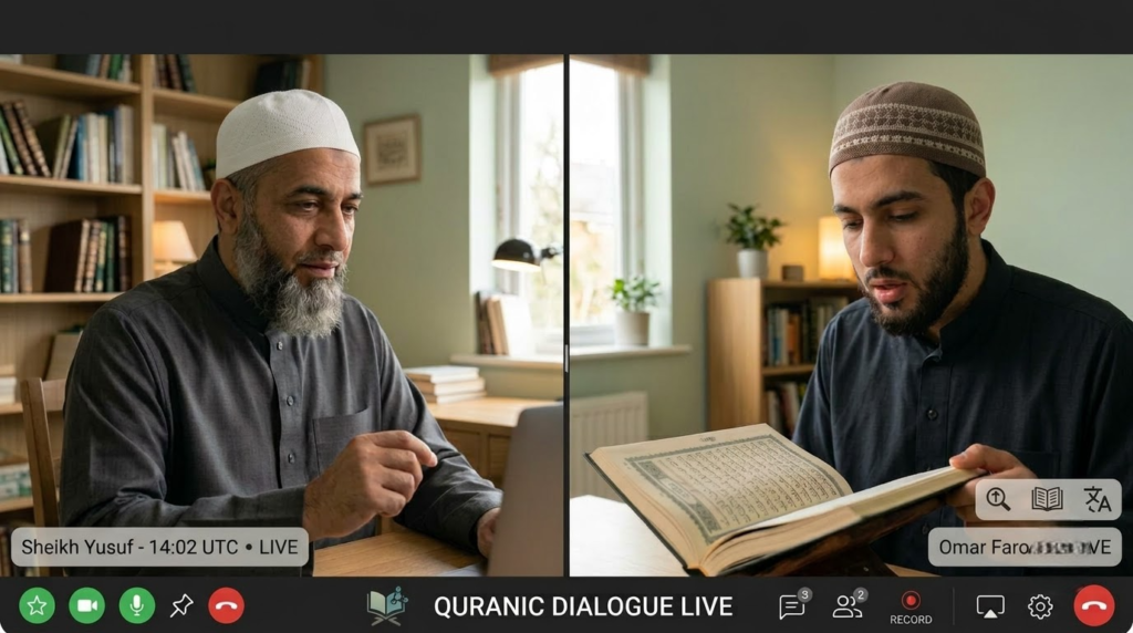 Student reciting Quran section by section to teacher during online Talaqqi session