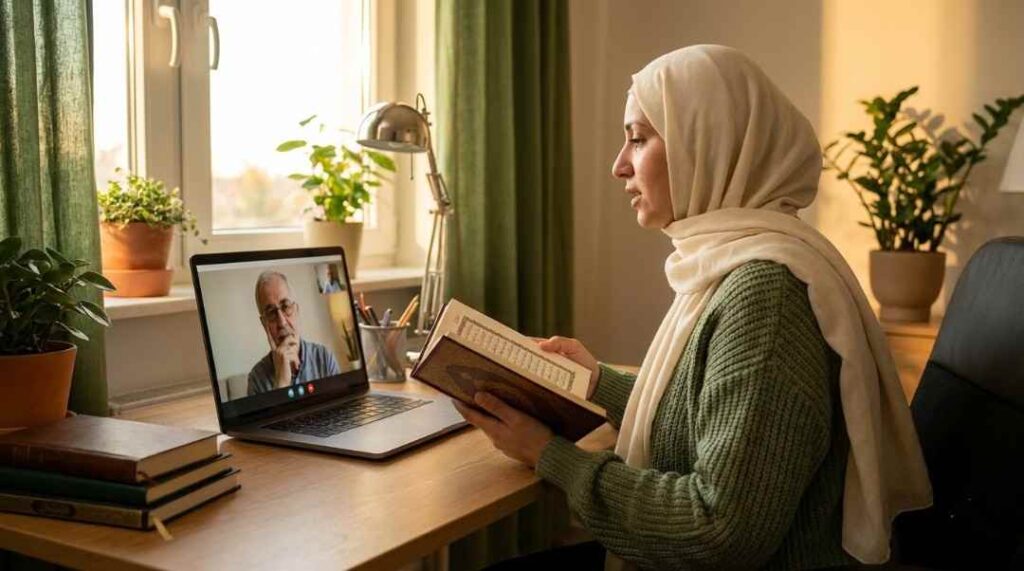 Student reciting Quran section by section to a teacher via video call during talaqqi