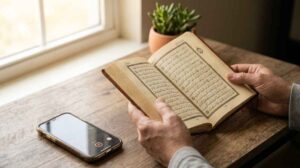 Tajweed practice routine — beginner practicing Quran recitation with a Mushaf