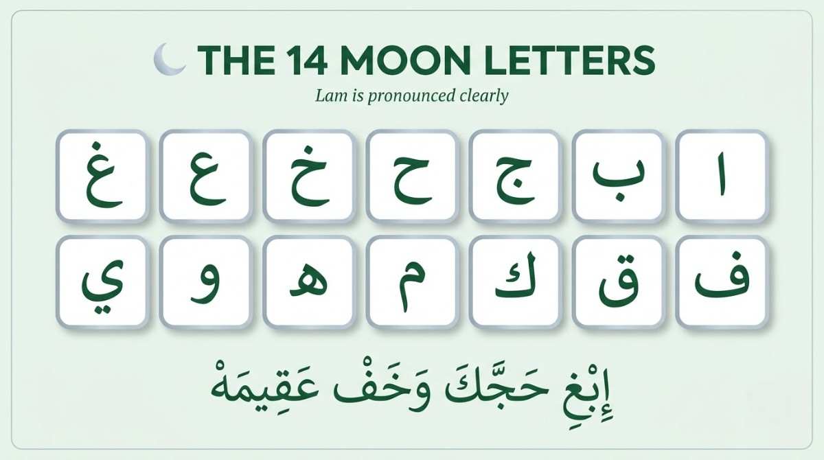 The 14 moon letters of Lam Qamariyah with the classical mnemonic