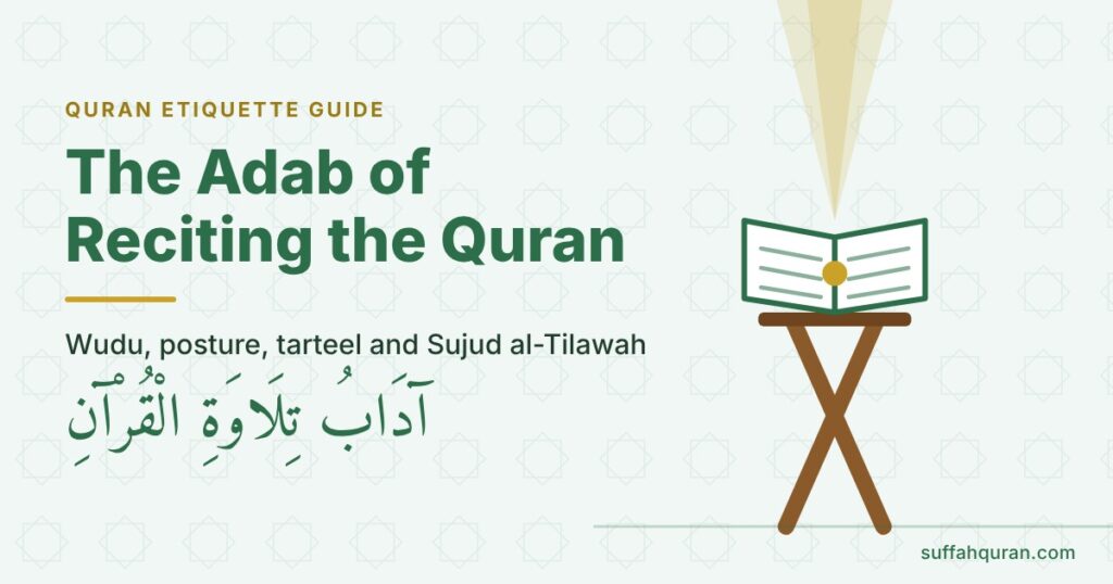The Adab of Reciting the Quran guide: an open Quran on a wooden stand with a beam of light