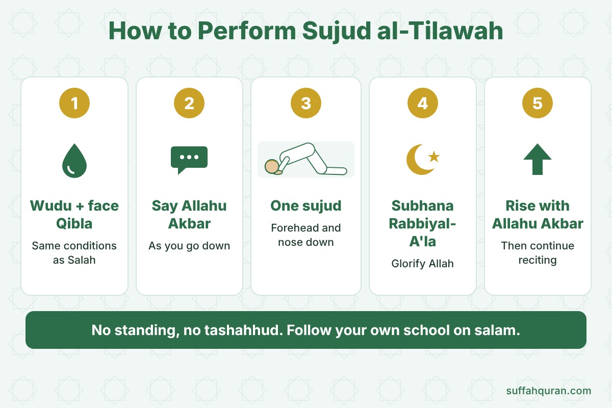Five steps to perform Sujud al-Tilawah from wudu and Qibla to rising with takbir
