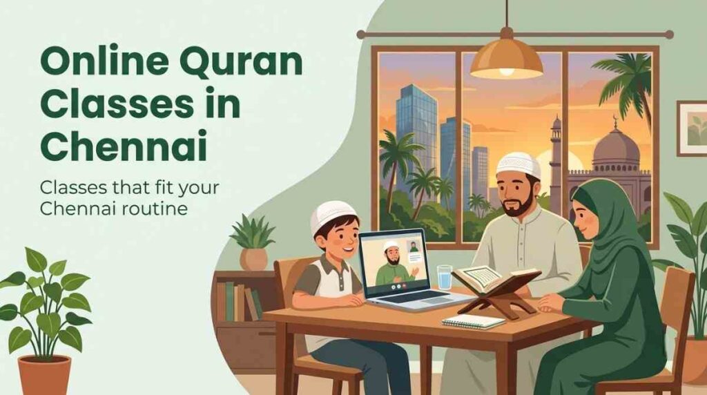 Chennai family attending an online one-on-one Quran class on a laptop at home