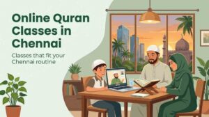 Chennai family attending an online one-on-one Quran class on a laptop at home