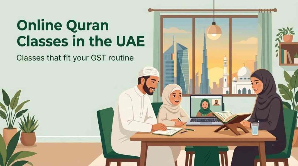 UAE family attending an online one-on-one Quran class on a laptop at home