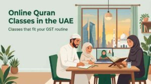 UAE family attending an online one-on-one Quran class on a laptop at home