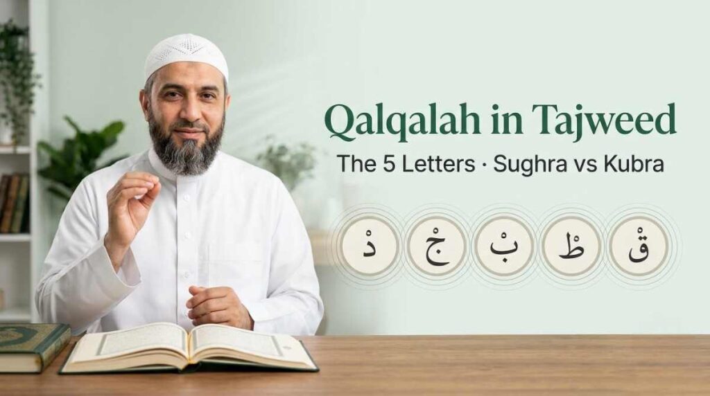 Qalqalah in Tajweed — the 5 Qalqalah letters Qaf, Taa, Baa, Jeem and Dal
