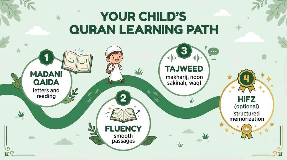 Learning roadmap from Madani Qaida to fluency, Tajweed and optional Hifz