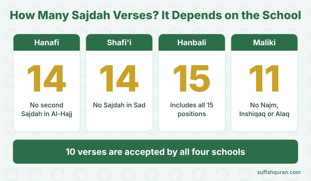 Comparison of Sajdah verse counts across the Hanafi, Shafi'i, Hanbali and Maliki schools